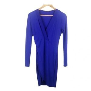 Foreign Exchange Royal Blue Long Sleeve V-Neck Ruched Wrap Bodycon Mini Dress